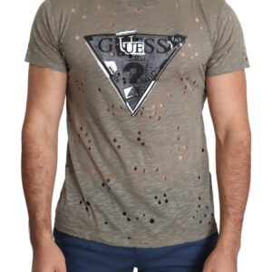 Brown Cotton Stretch Logo Print Men T-shirt designed by Guess