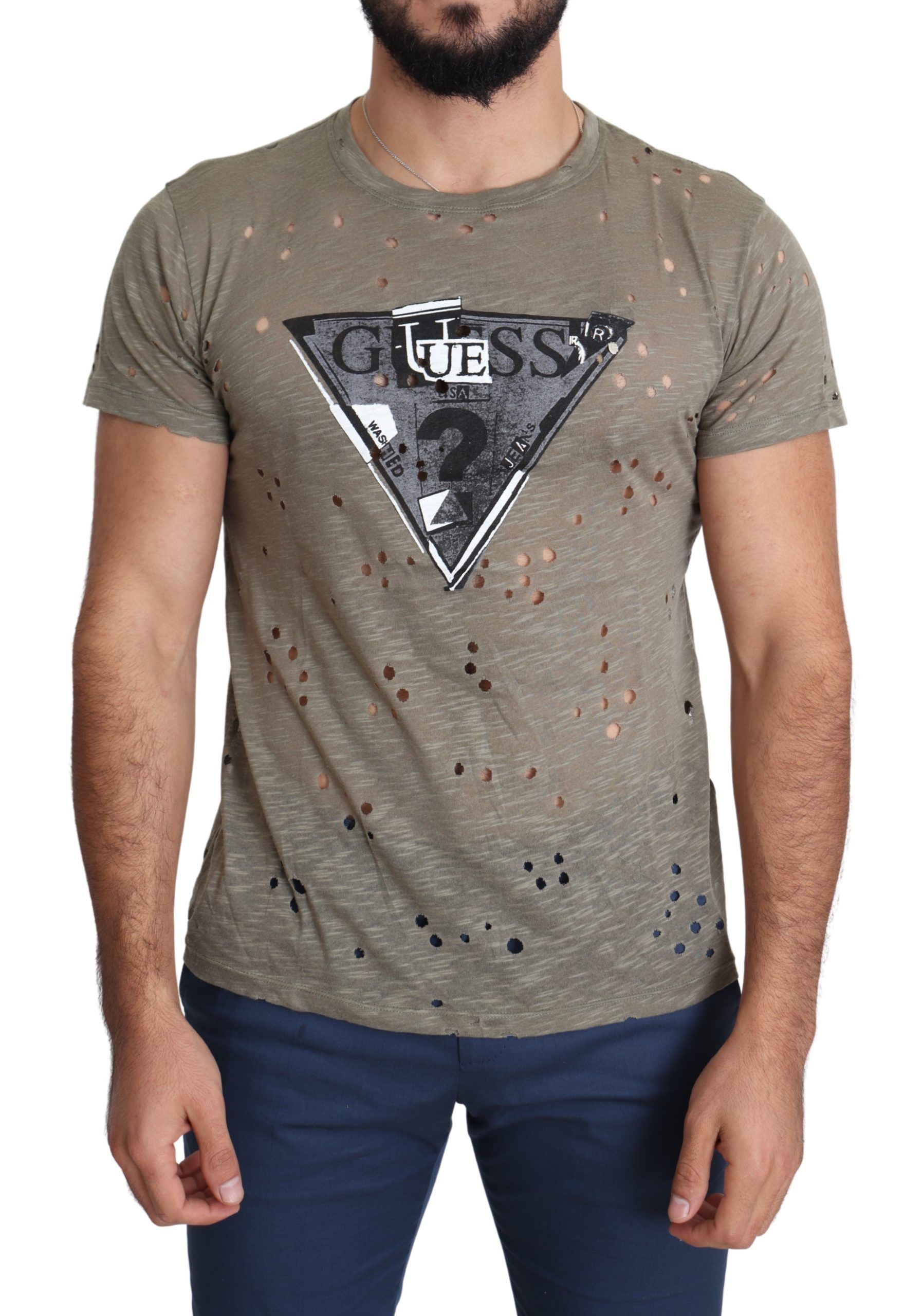 Brown Cotton Stretch Logo Print Men T-shirt designed by Guess