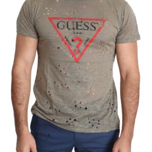 Chic Brown Cotton Logo Print Mens T-Shirt designed by Guess