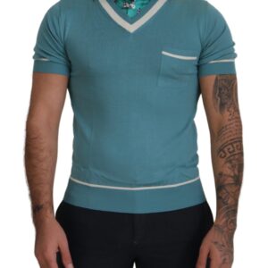 Blue Silk Polo Top Mens V-neck T-shirt
