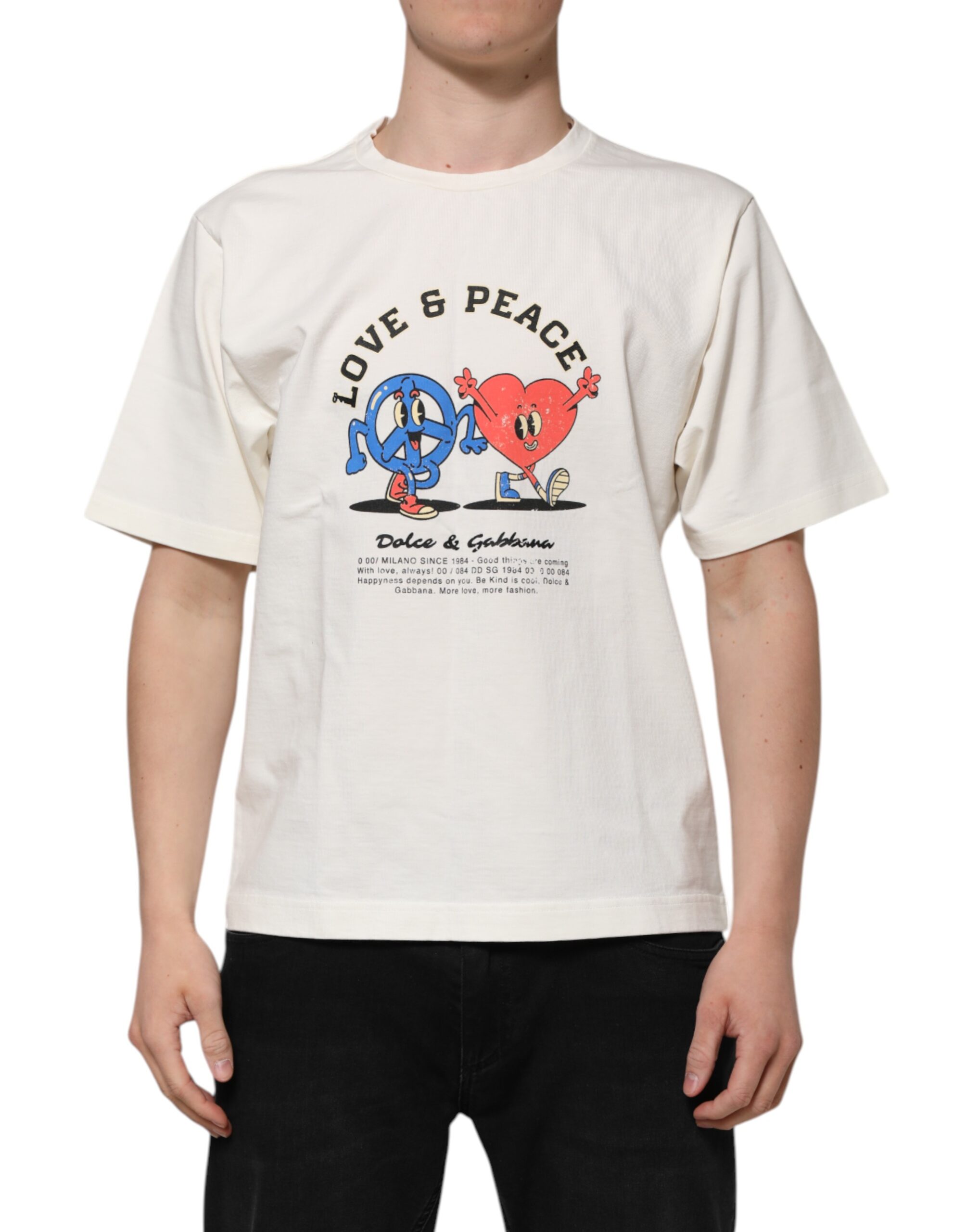 White Love Peace Cotton Men Crew Neck T-Shirt by Dolce&Gabbana