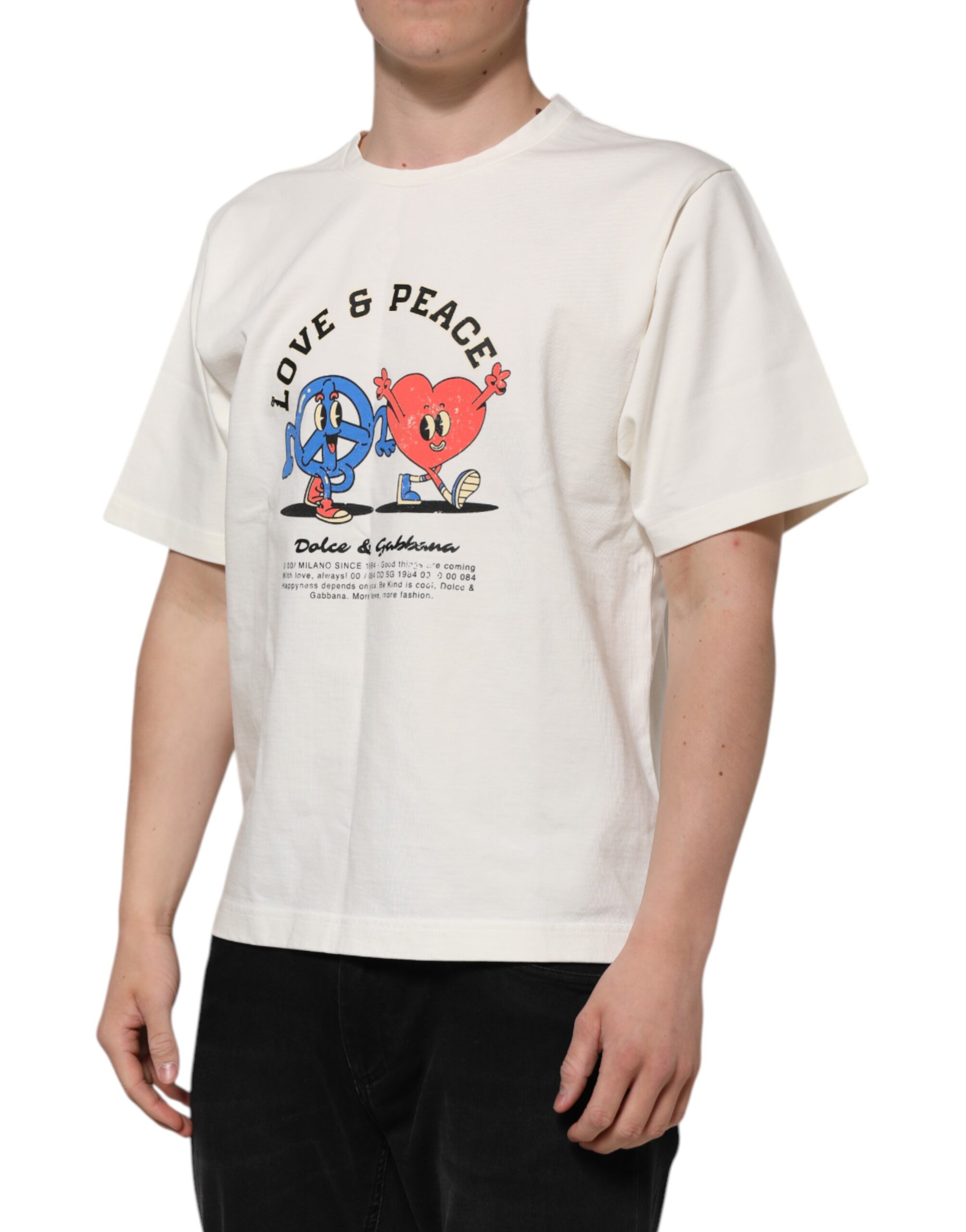 White Love Peace Cotton Men Crew Neck T-Shirt by Dolce&Gabbana - Image 3