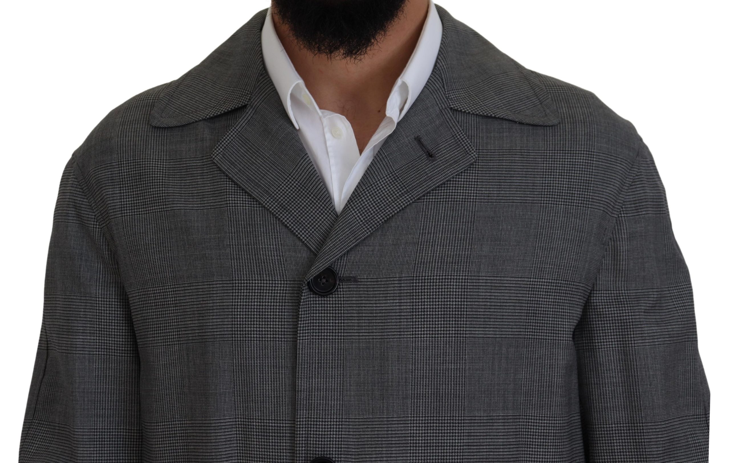 Gray Wool Plaid Long Trench Coat Jacket Trench Coat Jacket - Image 3