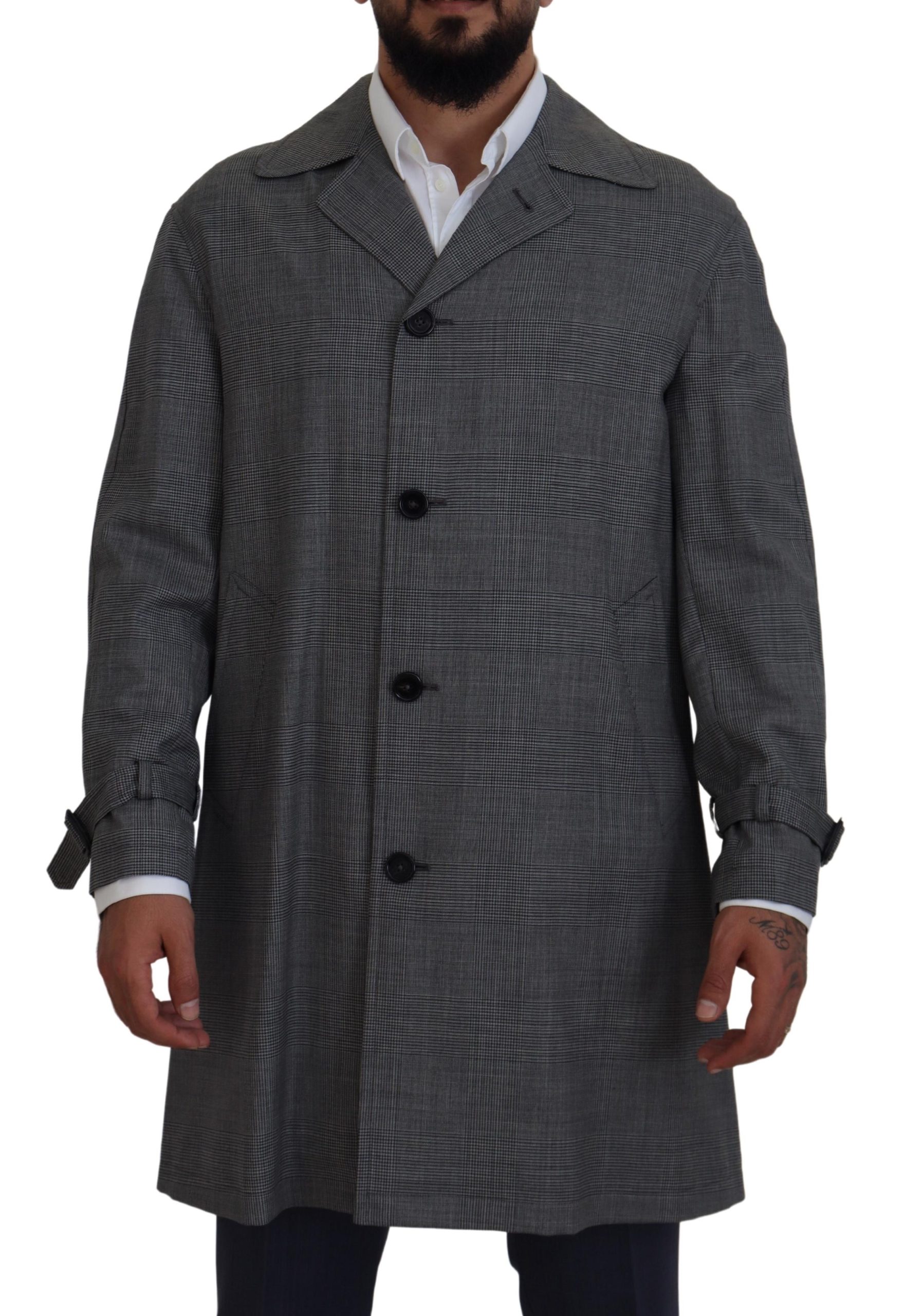 Gray Wool Plaid Long Trench Coat Jacket Trench Coat Jacket - Image 6