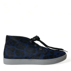 Blue Calfskin Leopard Mid Top Sneakers Shoes