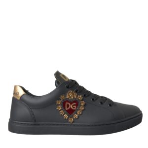 Black Leather Heart Embellished Sneakers by Dolce&Gabbana