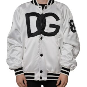 White Polyester Logo Full Zip Bomber Jacket by Dolce&Gabbana