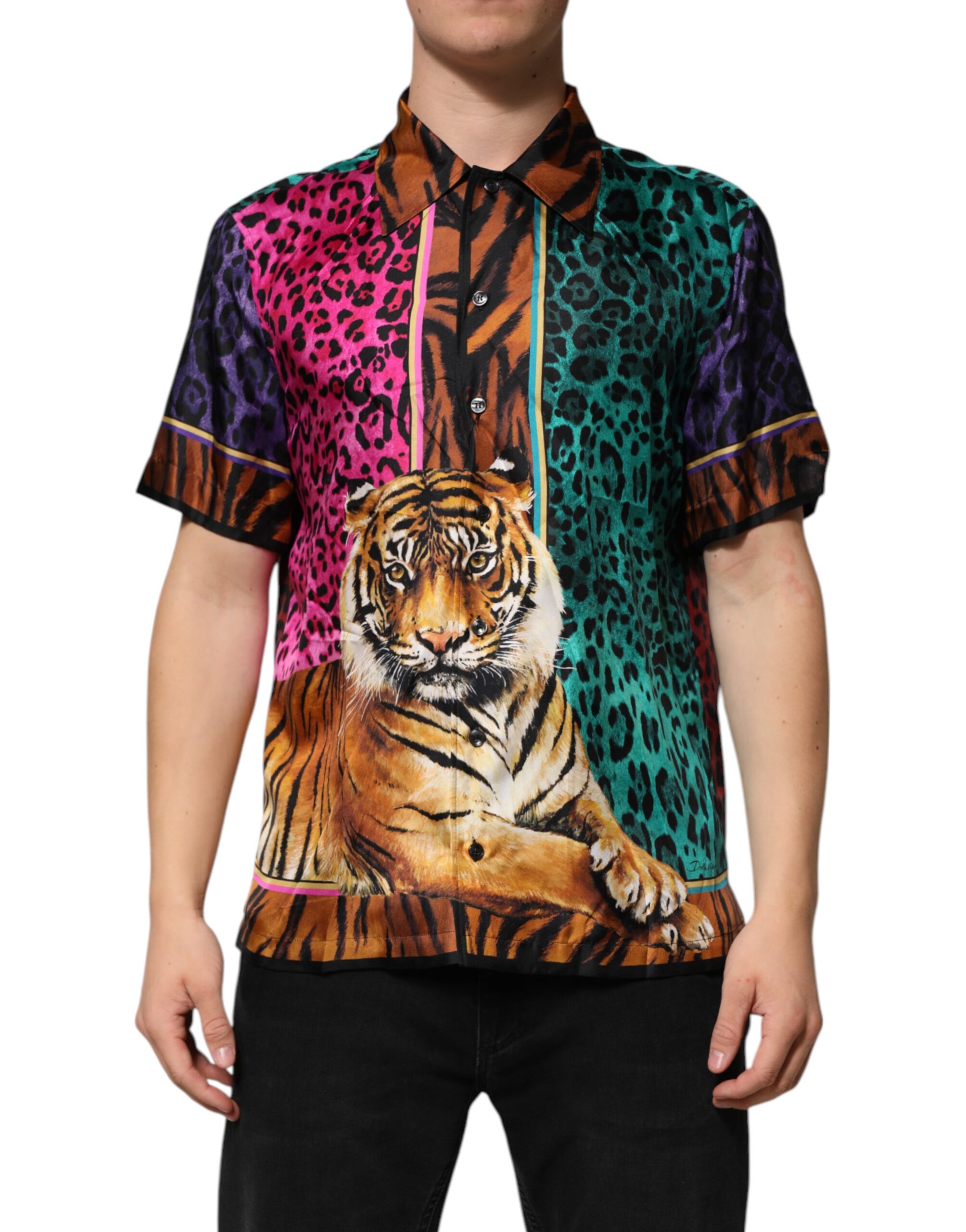Multicolor Silk Tiger Print Hawaiian T-shirt - Image 2