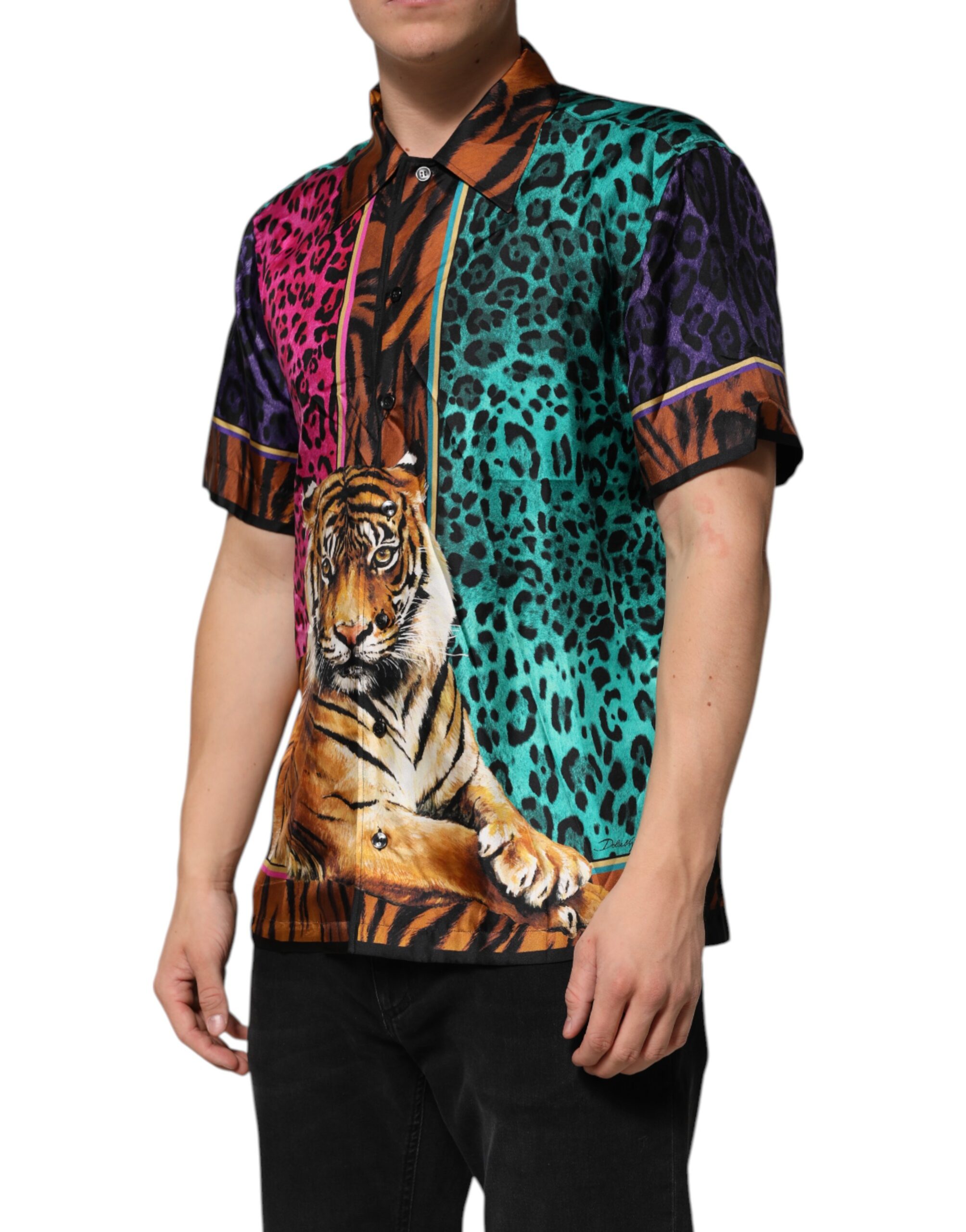 Multicolor Silk Tiger Print Hawaiian T-shirt - Image 3