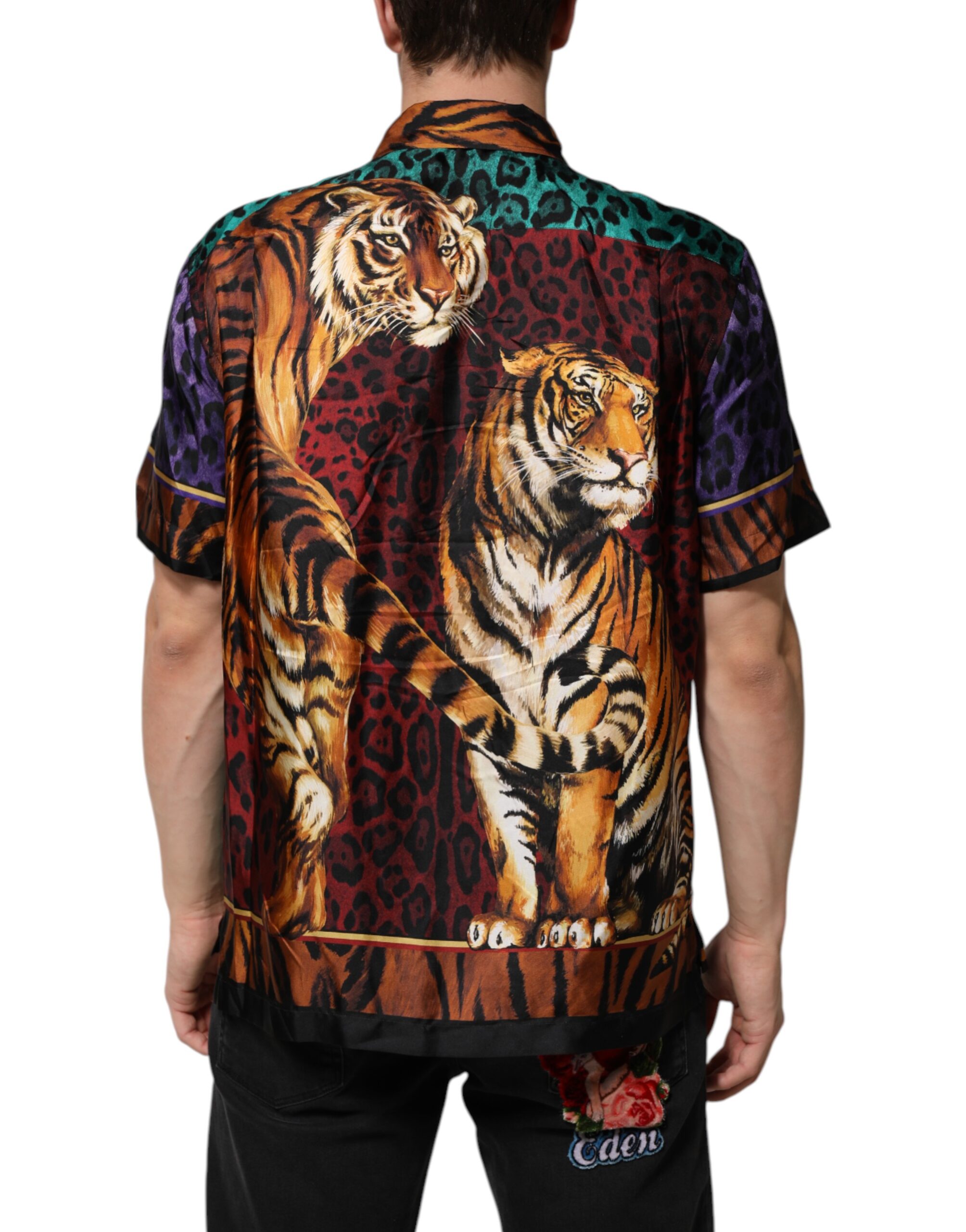 Multicolor Silk Tiger Print Hawaiian T-shirt - Image 4