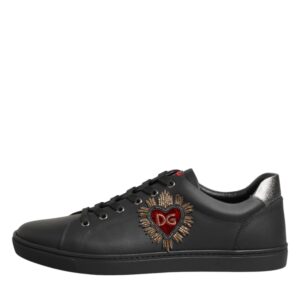 Black Leather Heart Embellished Sneakers by Dolce&Gabbana