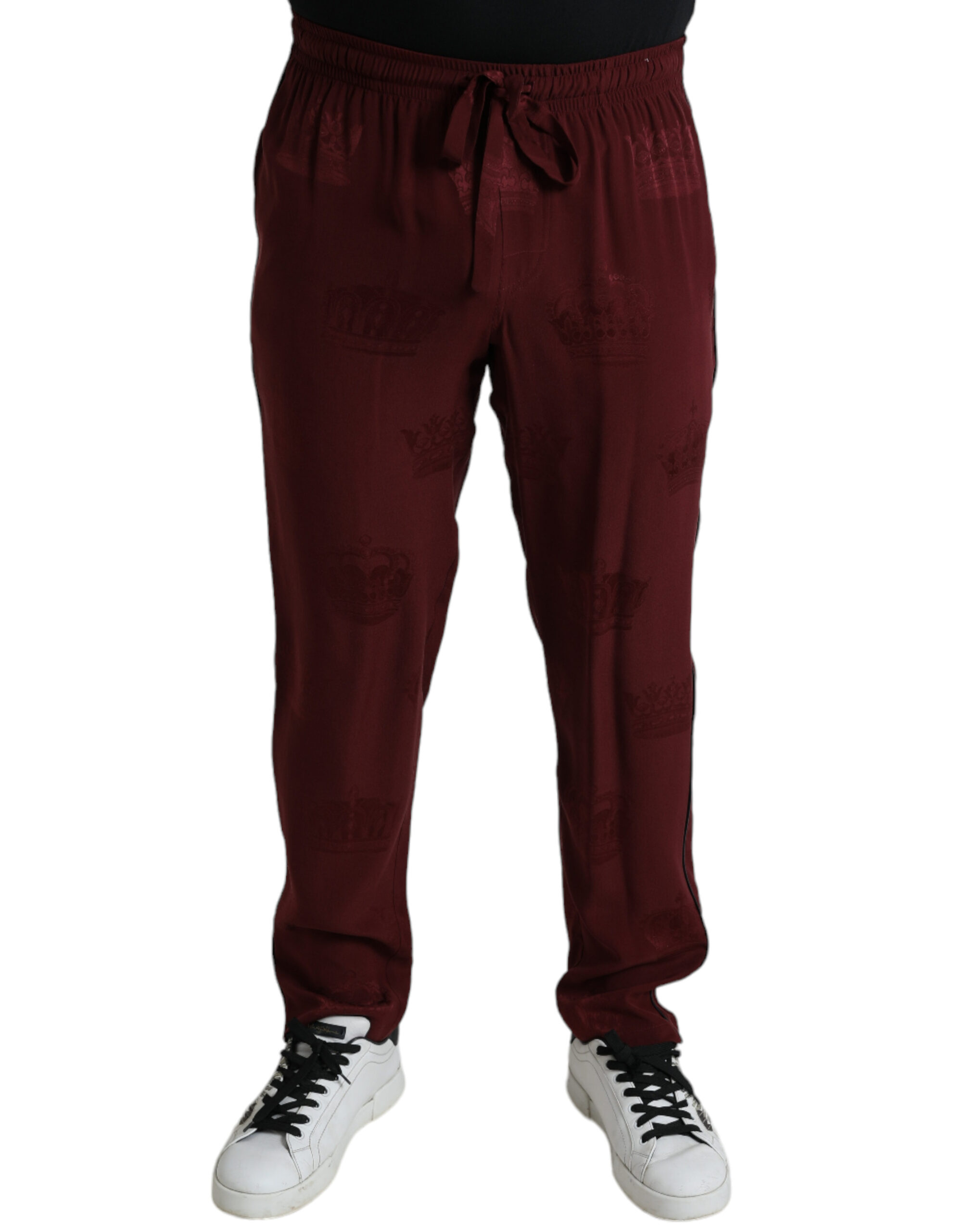 Maroon Crown Pattern Silk Pajama Pants designed by Dolce&Gabbana