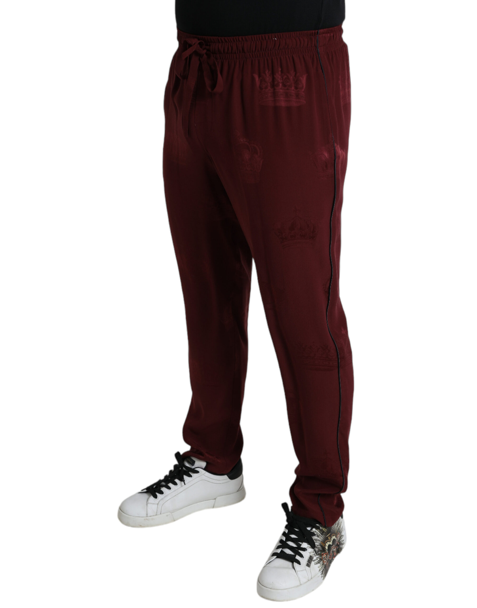 Maroon Crown Pattern Silk Pajama Pants designed by Dolce&Gabbana - Image 3